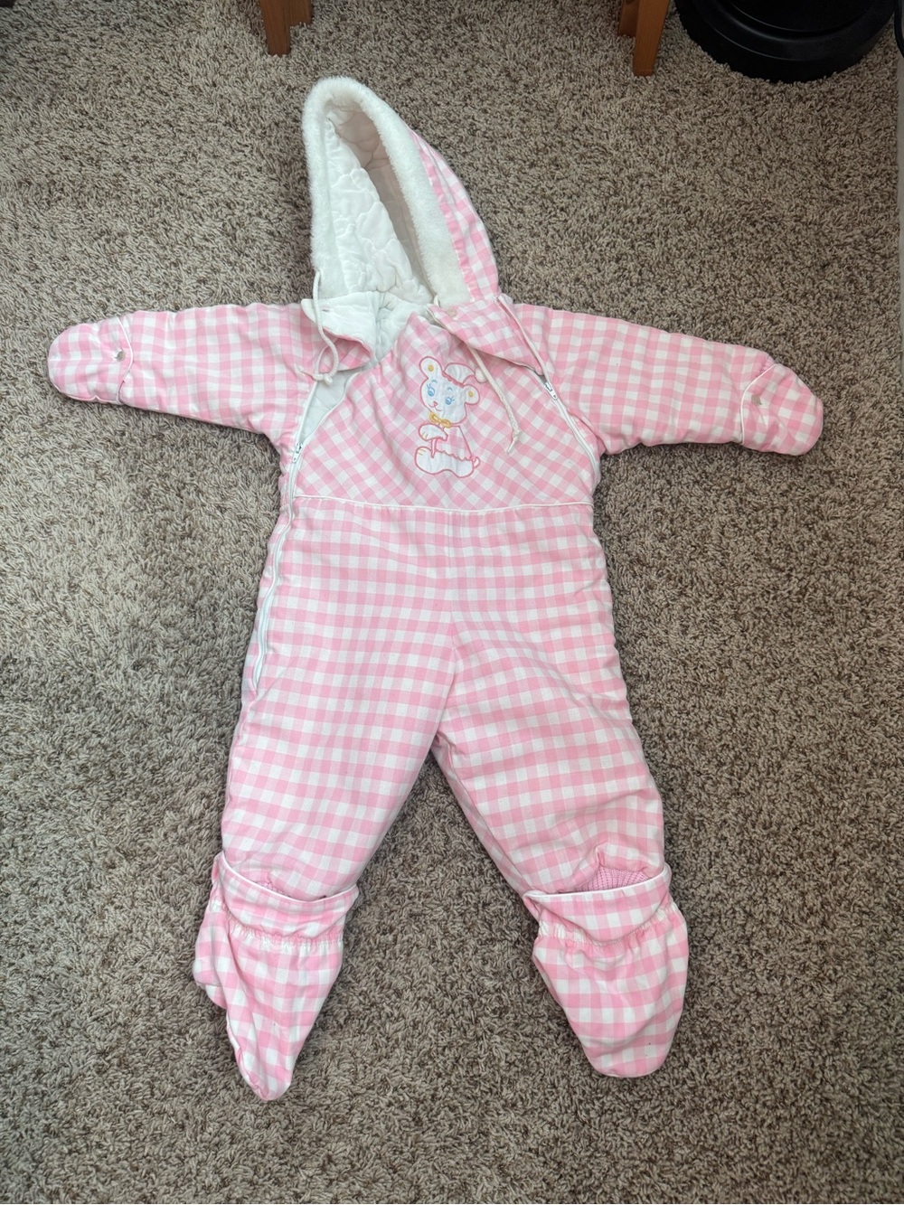 1970’s vintage Pink Gingham Hooded Baby One-Piece Snowsuit